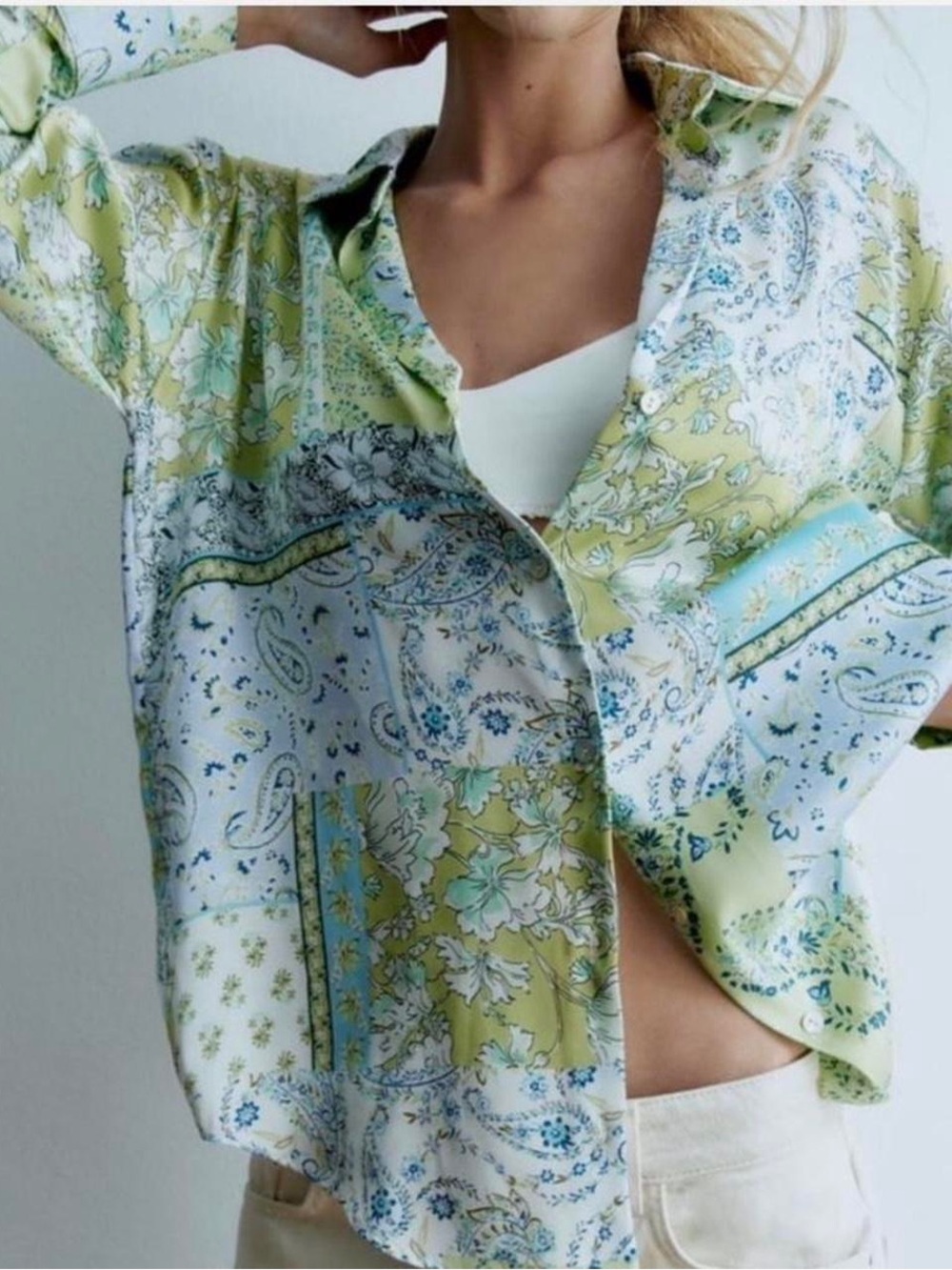 Zara Paisley & Floral Patchwork Blouse in Green and Blue